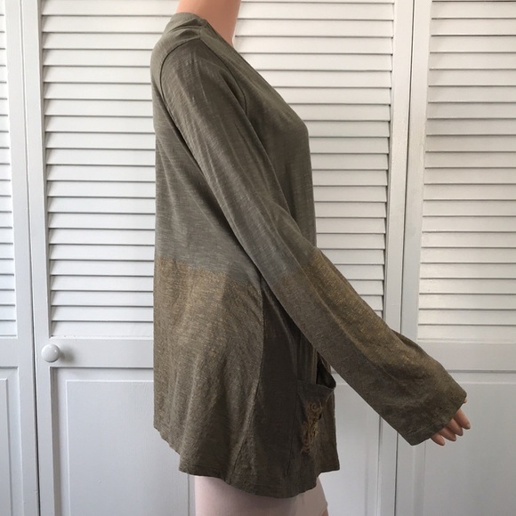 Price firm LOGO By Lori Goldstein Green Gold Open Front Cardigan Size Medium - Picture 5 of 8